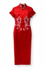Red Satin Embroidered Qipao Cheongsam Dress Women  s Size L Floral Maxi Tradition