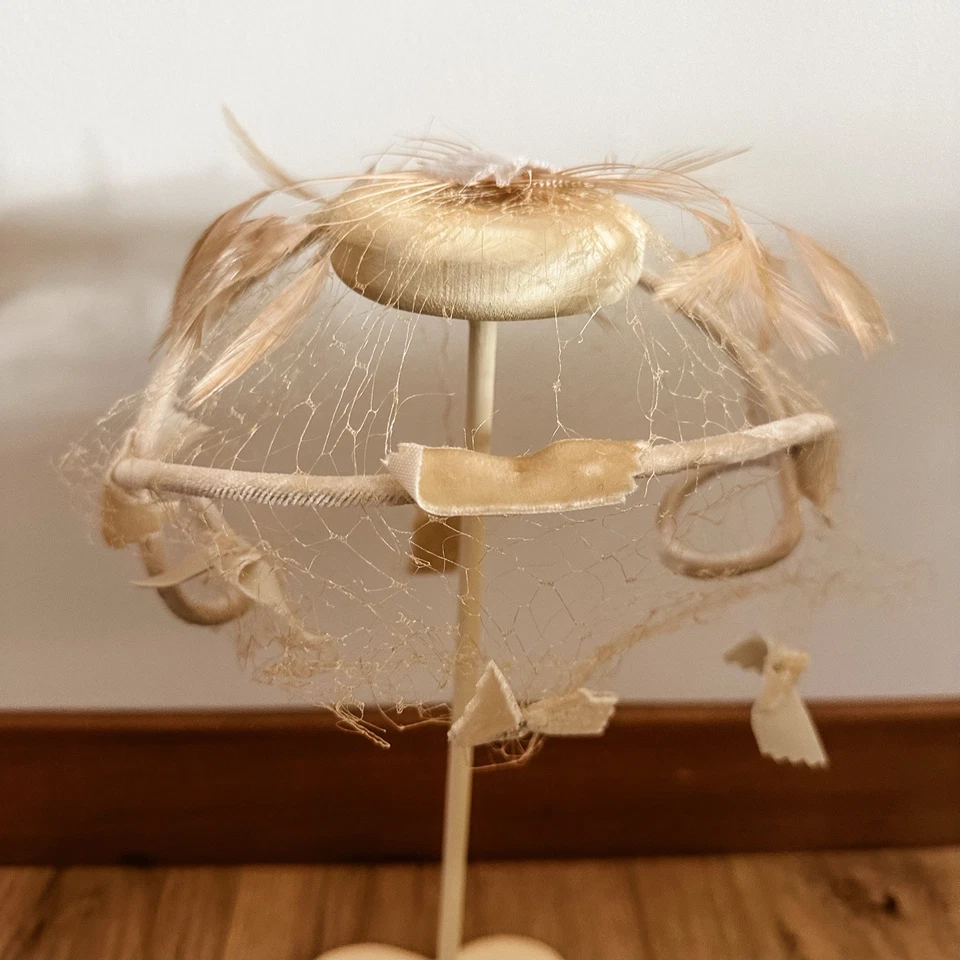 Винтажный 50-х бархата слоновой кости кремовый Fascinator шляпа вуаль перья бант Net свадьбы - Изображение 3 из 4