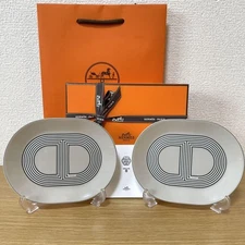 Hermès Rallye 24 Gray Serving Plate 2 Pcs Set Oval Shape Porcelain Tableware