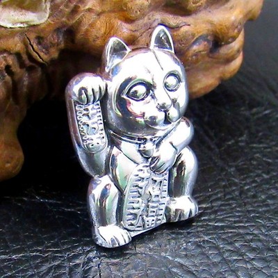 Solid 925 Sterling Silver Maneki Neko Lucky Cat Slide Pendant Japanese Fortune