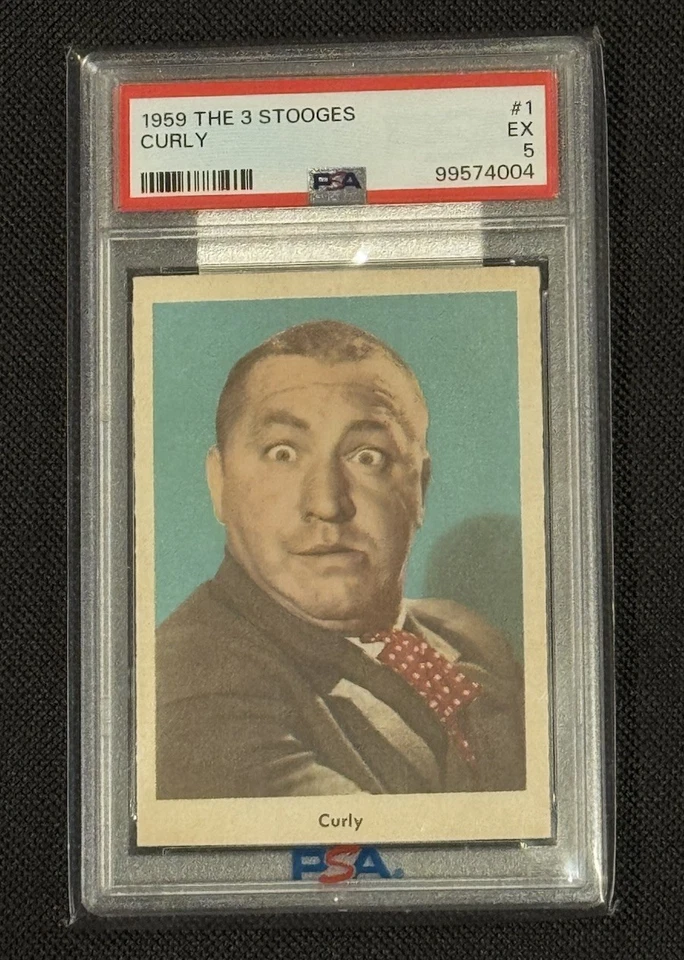 PSA 5 CURLY 1959 The Three (3) Stooges Rare Old Comedy TV Fleer, Icon Card # 1 - Image 2 of 4