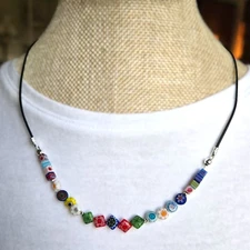Millefiori Murano-Style Glass Bead Necklace Sterling Silver Clasp 16.5” NWT