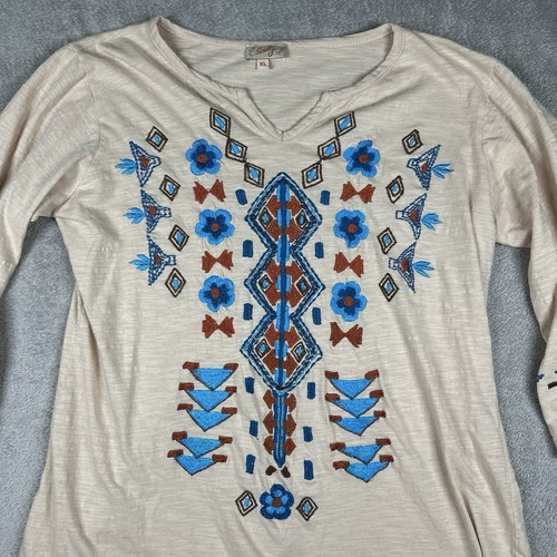 Scully Tunic Top Women’s XL Beige Embroidered Aztec Southwestern Boho Floral - Picture 2 of 9