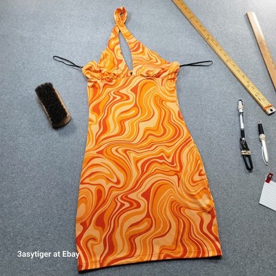 H&M Divided Halter Mini Dress Orange Retro Swirl XS Stretchy BOHO Festival MOD