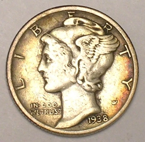 1938 Mercury Winged Head Dime 10 Cents Silver Coin VF