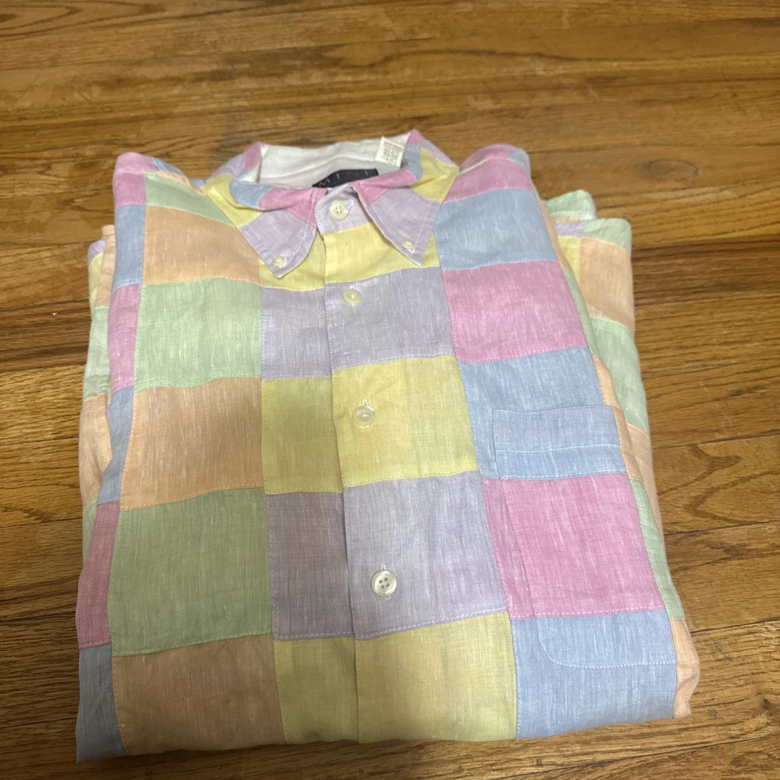 MINE 100% Linen Multicolor Patchwork Long Sleeve Button Up Shirt XXL