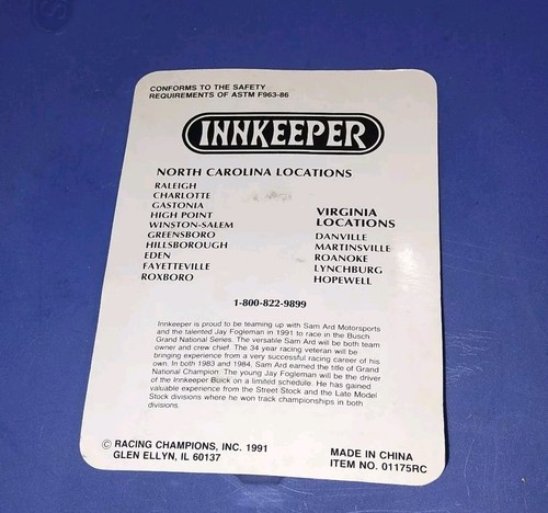 Jay Fogleman Autograph Innkeeper RACING CHAMPIONS 1991 Race Car 1:64 #5 - Picture 3 of 3