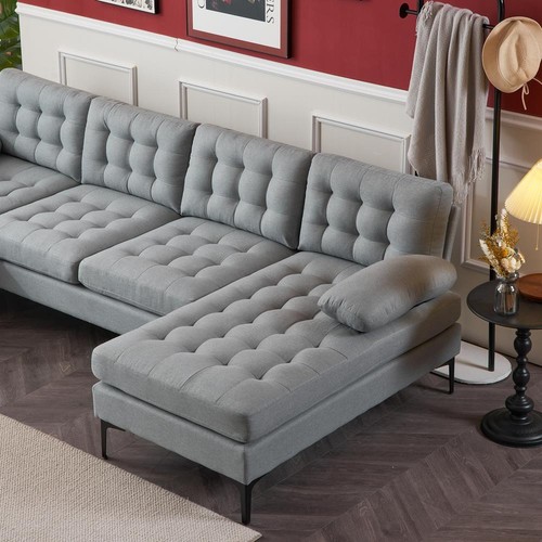 4 Seat Upholstered U-Shaped Sectional Sofa Set 2 Chaise Living Room Light Grey - Picture 8 of 9