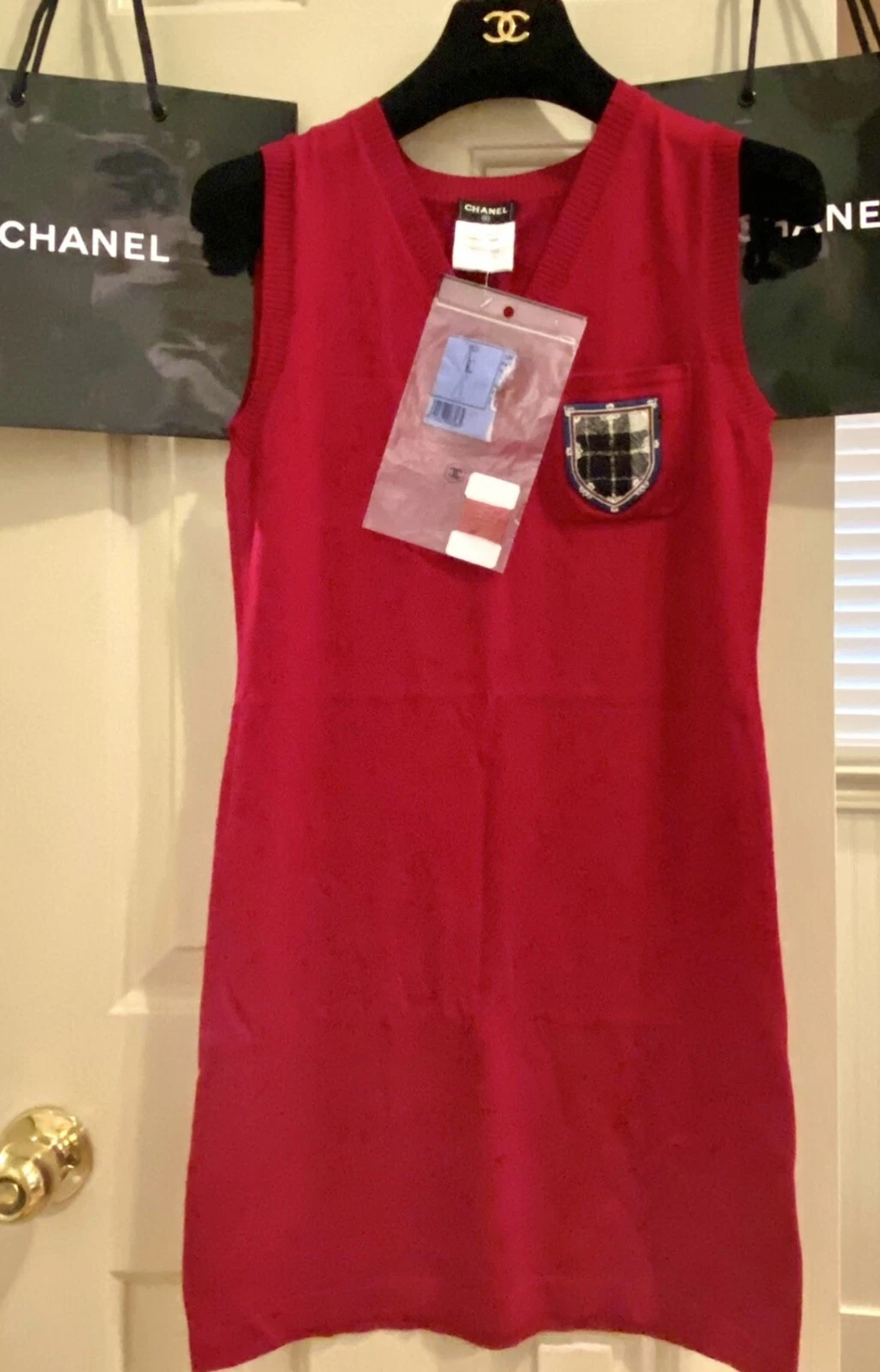 Abito Maglione Patch Crest Rosso Chanel Vintage 2013 Nuovo Tag 34 36 38 2 4 6 Top S M