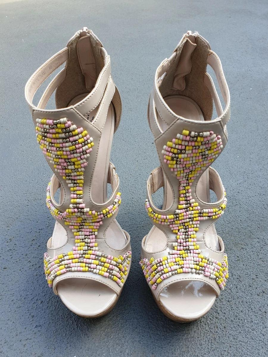 KURT GEIGER MISS KG Hoxton Nude Beaded Strappy Platform Stiletto Heels UK7 EU40