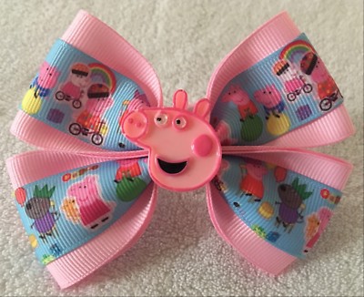 Girls Hair Bow 4'' Wide Cartoon Pig&Friends Pink Grosgrain Ribbon Ponytail Holder