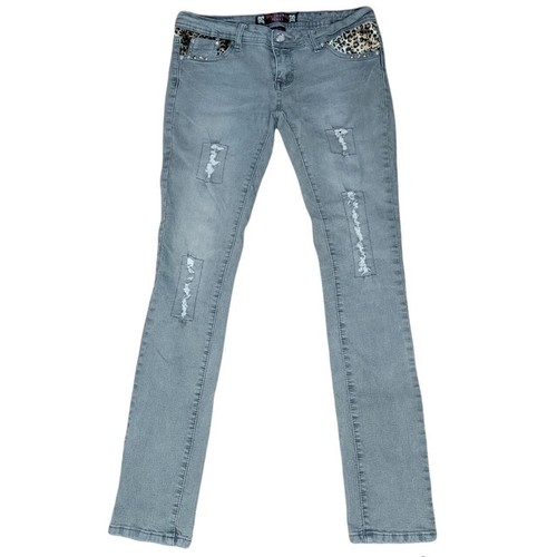 Secretly Evil Grey Gray Distressed Cheetah Skinny Jeans Pants Size 7 Alt Emo 