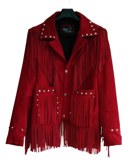 Women Red Suede Leather American Native Western Style Jacket With Fringes