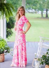 Lilly Pulitzer Sailynn 2 Piece CROP Top Maxi Skirt Set SMALL Beachy Blooms PINK