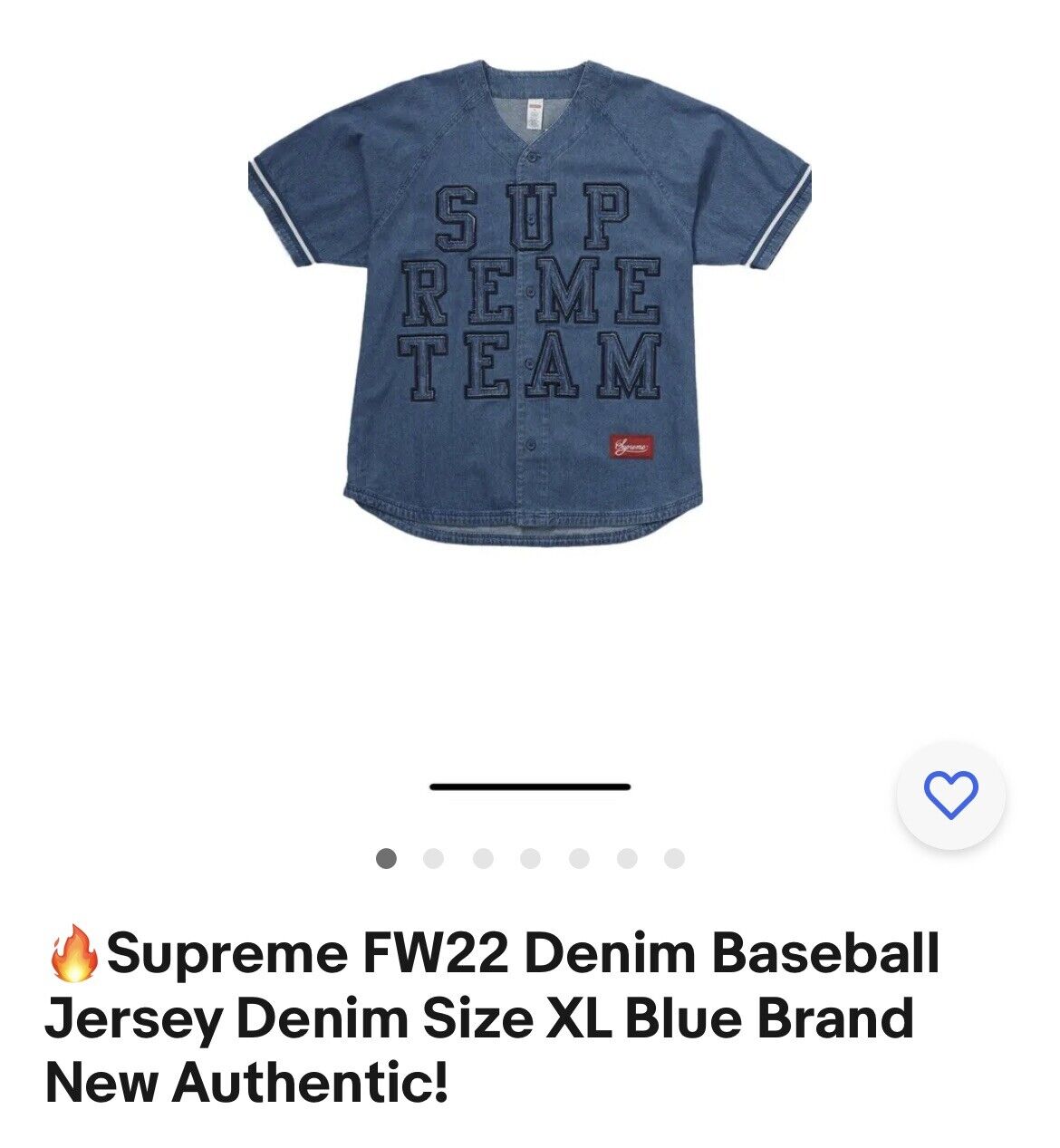 🔥Supreme FW22 Denim Baseball Jersey Denim Size XXL .Sold Out