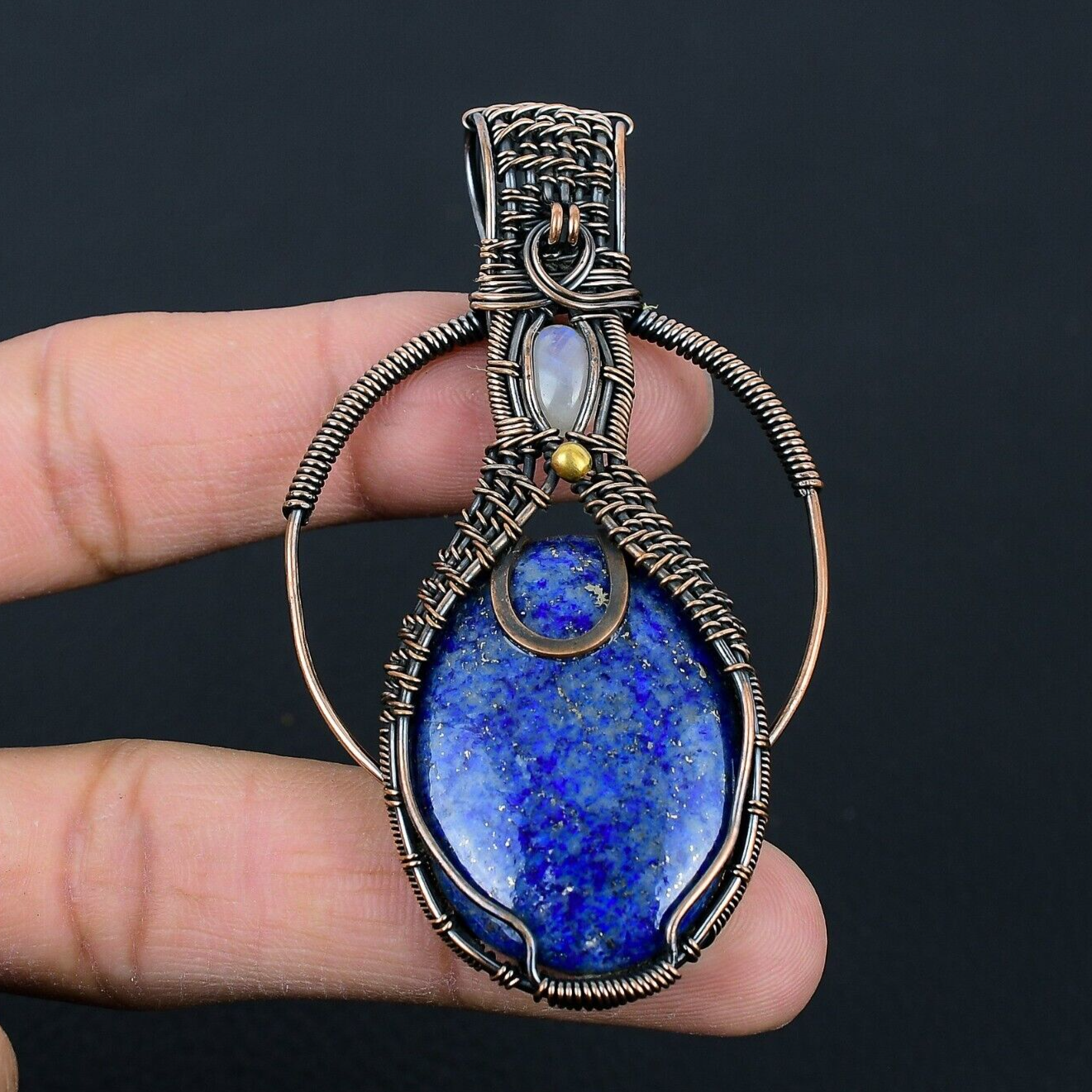 Lapis Lazuli & Moonstone Gemstone Handmade Copper Wire Wrap Jewelry Pendant Gift