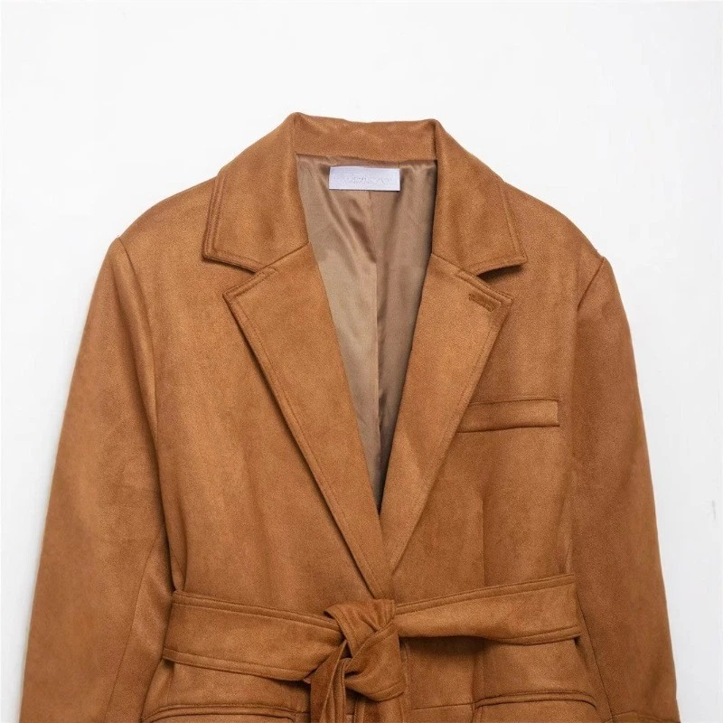 Moda Mujer Imitación Gamuza Traje Chaqueta Con Cordones Elegante Blazer Abrigo con Cinturón Elegante Foto 4 de 4