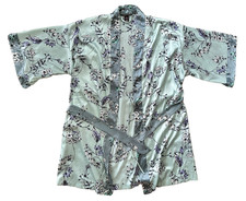 Victoria's Secret Mint Green Black Floral Satin Kimono Robe Belted Pockets XS S