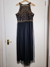 1920s Gatsby Style Black Gold Beaded Maxi Dress Art Deco Sequin Tulle UK 14