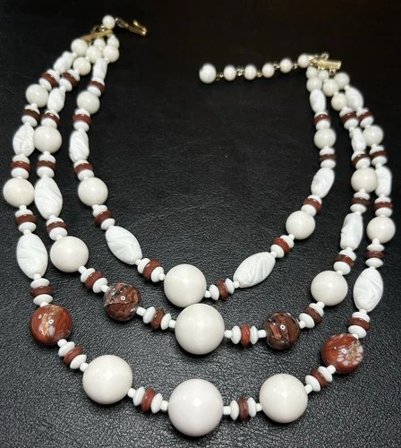 Antique VTG 16” White Milk Glass & Art Glass Bead Triple Str Statement Necklace