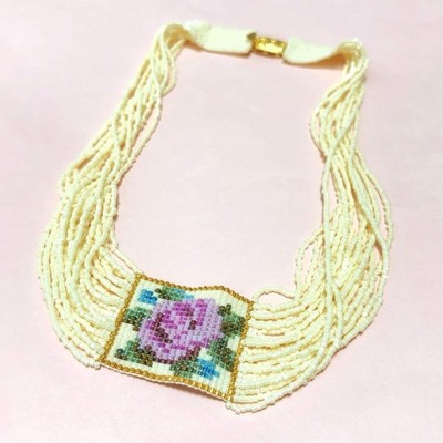 Vintage Beaded Necklace Rose Pattern, Wrap Bracelet, Retro Jewelry