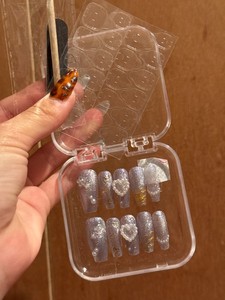Homemade CUSTOM PressOn Nails, Coffin, XS/S, Long, Grey/Sparkly, Tweens, 3D Gem