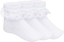 3 Pairs Girls Ruffle Socks White Lace Frilly Ankle Socks Cute Soft Cotton Look