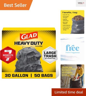 Extra Strong 30 Gallon Trash Bags - Unscented ForceFlex Drawstring - 50 Pack