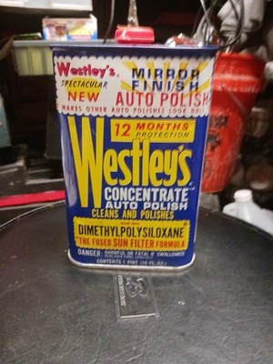 FULL NEVER USED Westleys Auto Polish Can Vintage Auto Shop Mancave Decor