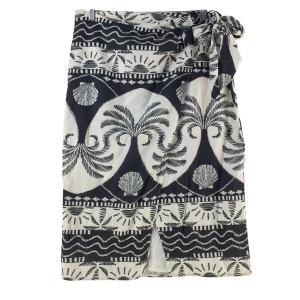 Atmos&Here Skirt Womens 14 Black Palm Print Linen Wrap Knee Length Summer 137678