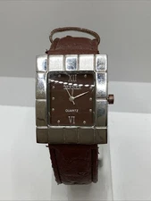 Silver Rectangle Brown Leather Tone Fashion Quartz New Battery!