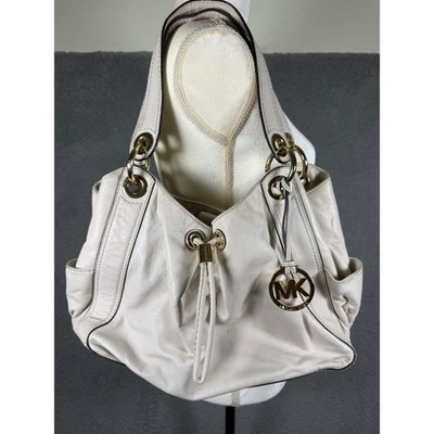 Michael Kors Off White Leather Hobo Shoulder Bag Gold Hardware MK Logo Charm