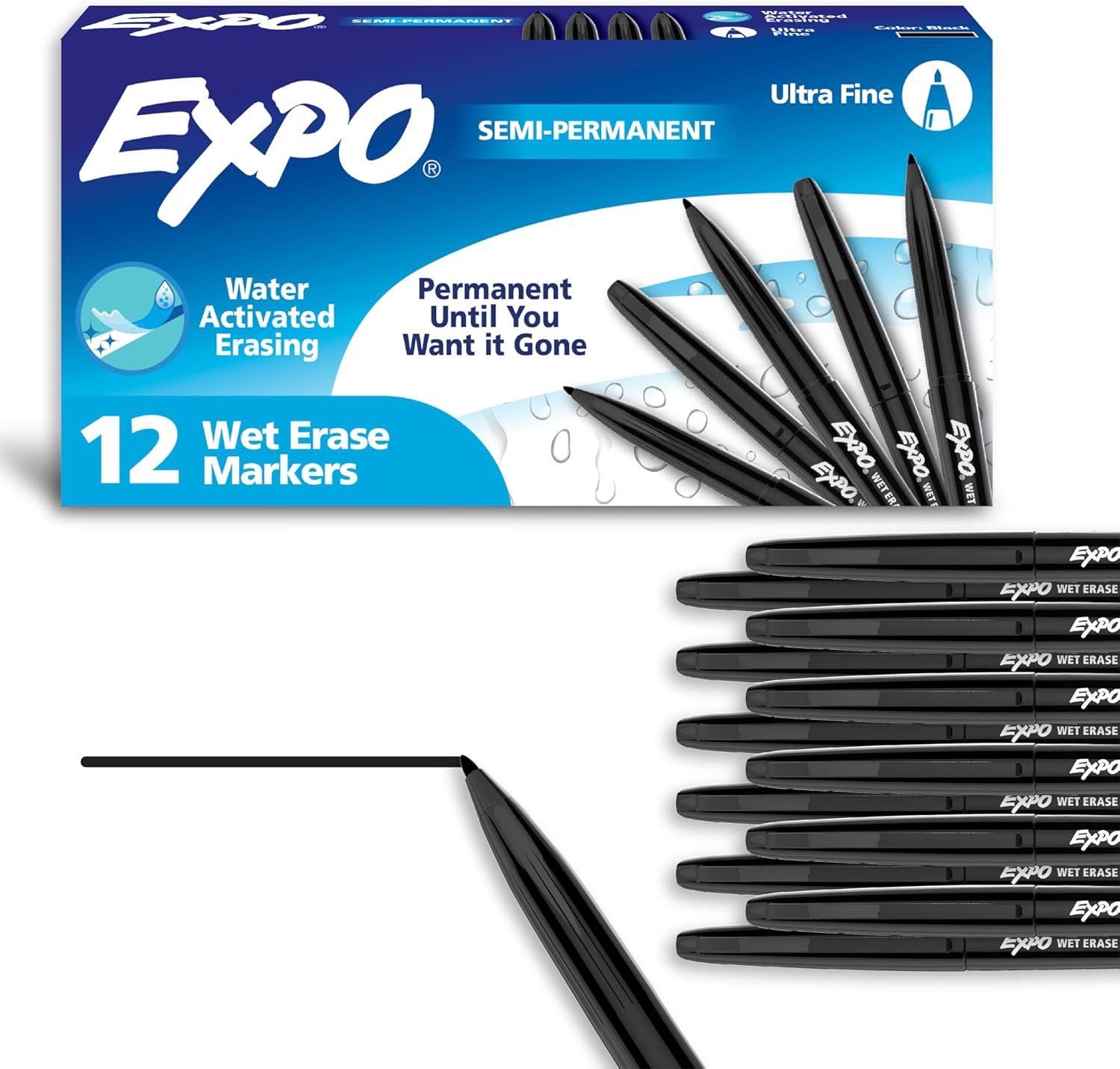 Wet Erase Markers, Semi-Permanent, Black, Ultra Fine Tip, 12