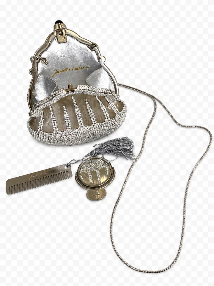 Judith Leiber Crystal Shell Minaudiere Clutch Silver Evening Bag Box Dust Bag - Image 3 of 4