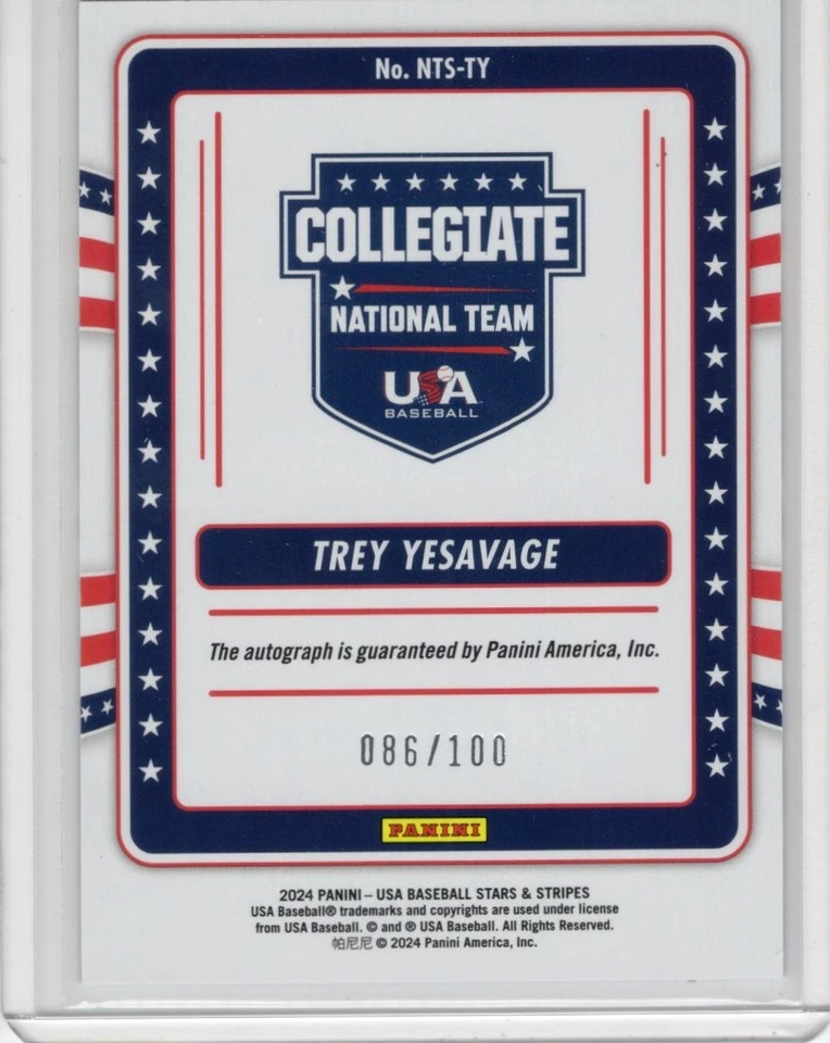 2024 Panini Stars and Stripes Team USA 086/100 Trey Yesavage Auto RC Blue Jays - Image 2 of 2