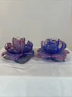 VTG UG ‘Murano’ Style Hand Blown Art Glass Lotus/Rose Candle Holders Blue/Pink