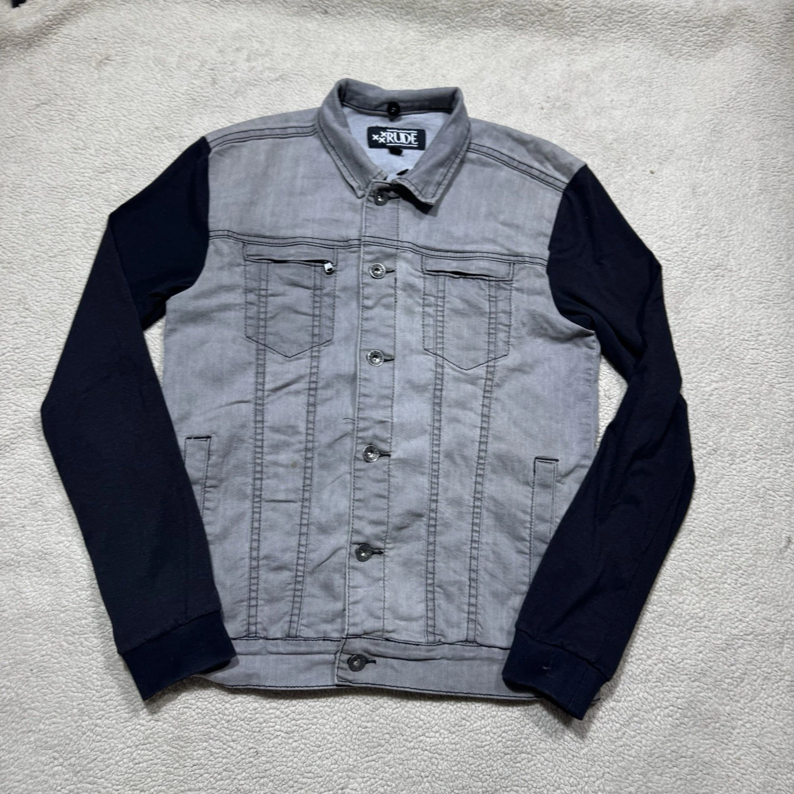 RHUDE XXX Rude Giacca Uomo XS Denim Panno con Bottoni Manica Lunga Collo Hot Topic The