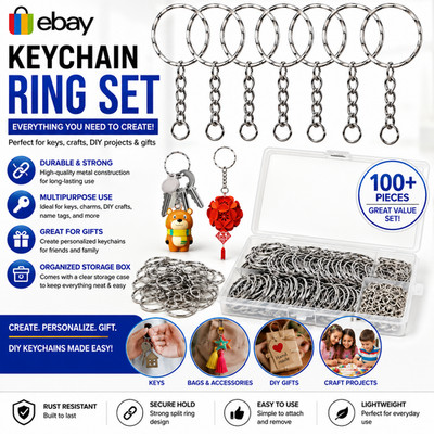 100 STCK. SILBER SCHLÜSSELANHÄNGER ROHLINGE TON SCHLÜSSELANHÄNGER SCHLÜSSEL GESPALTEN RINGE 4 GLIEDERKETTE 55 MM