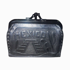 Vtg Mexico Hand Tooled Black Leather Coin Purse Kiss Lock Aztec Pyramid Scene