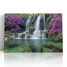 Waterfall Canvas Print Wall Art – Tropical Blossoms and Cascading Falls Artwork