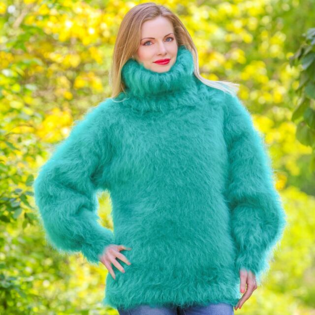 Fuzzy green mohair sweater turtleneck soft hand knitted fluffy jumper ...