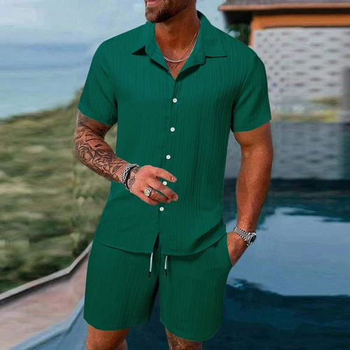 Conjunto de 2 trajes informales de manga corta y pantalones cortos de verano para hombre❤ - Imagen 14 de 23