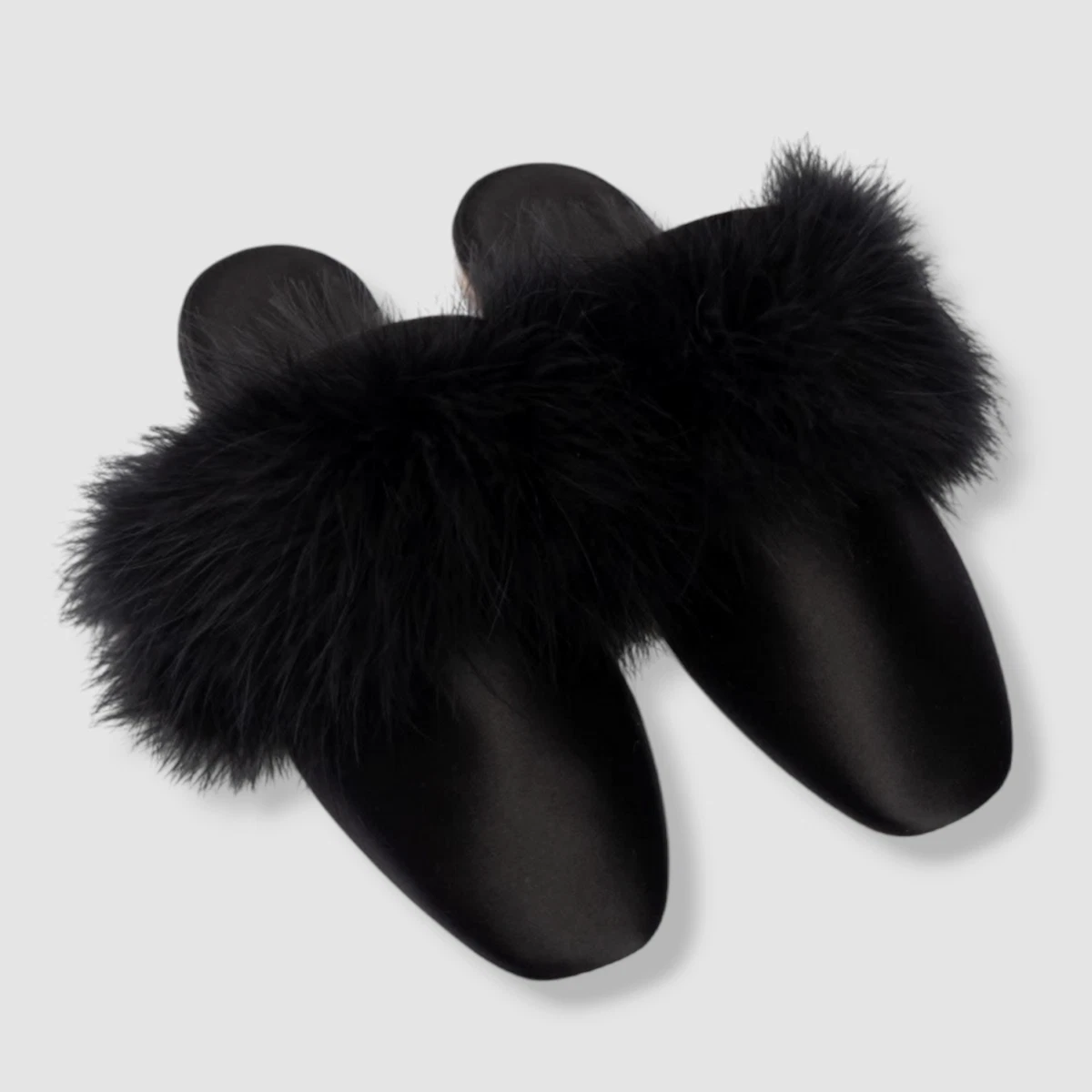Ladies Anne Feather BOA Fluffy Black Wedge Mule Slippers - Cozy Nightwear, Size US 6