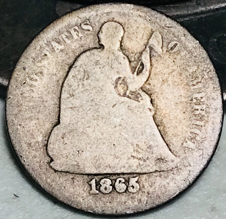 Moneda de plata de Estados Unidos 1865 S libertad sentada media moneda de diez centavos clave 5C fecha de la guerra civil CC27579 Foto 2 de 4