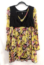 Free People Alice Vested Yellow Black Floral Mini Dress Womens Size XS Boho