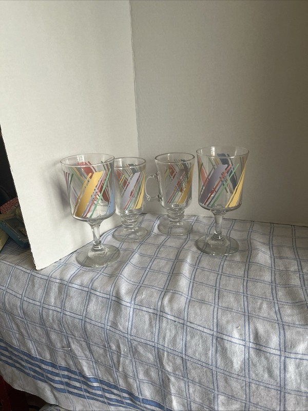 Vintage Pastel Abstract Glasses - 2 Wine 2 Irish Coffee Glasses 1980’s
