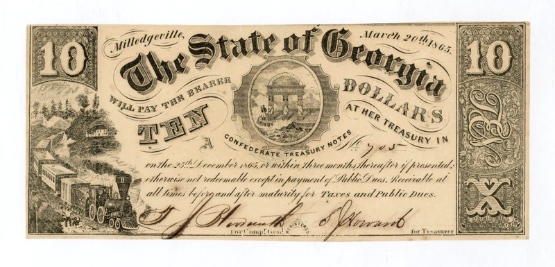 1865 Cr.33A $10 The State of GEORGIA Note - CIVIL WAR Era w/ TRAIN AU