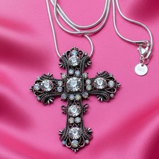 Rhinestone Cross Necklace Brooch Pin LARGE Pendant 20" Sterling Silver 925 Chain