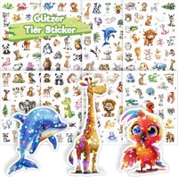 Tiere Sticker Kinder, 8 PCS Glitzer Tier Aufkleber, Holografische Folie
