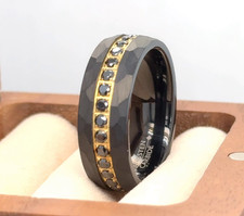 Hammered With CZ Center Ring Black Tungsten Stylish Ring Special Date Ring